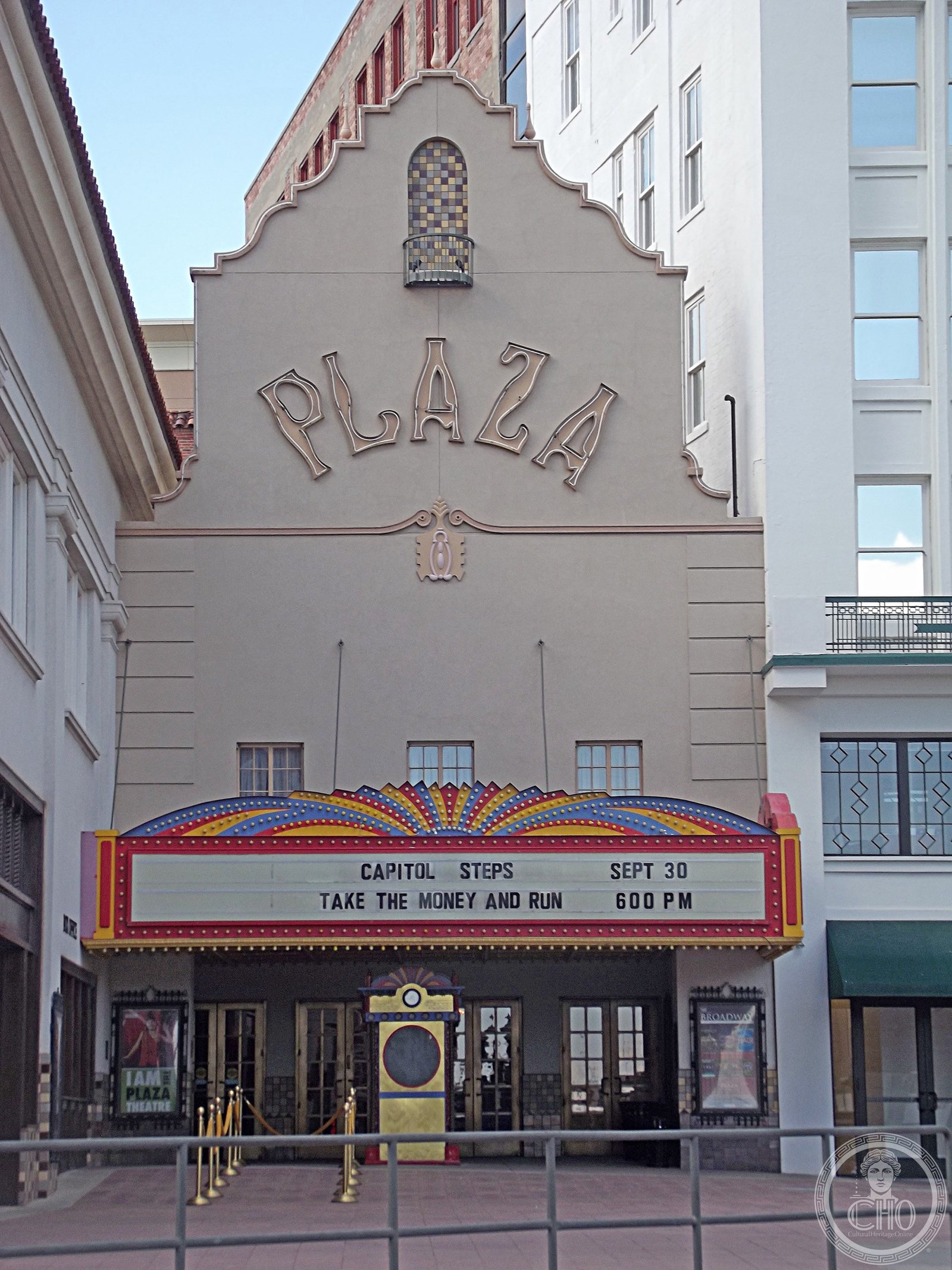 Plaza Theatre facade, El Paso Texas — Spanish Colonial Revival archway and marquee