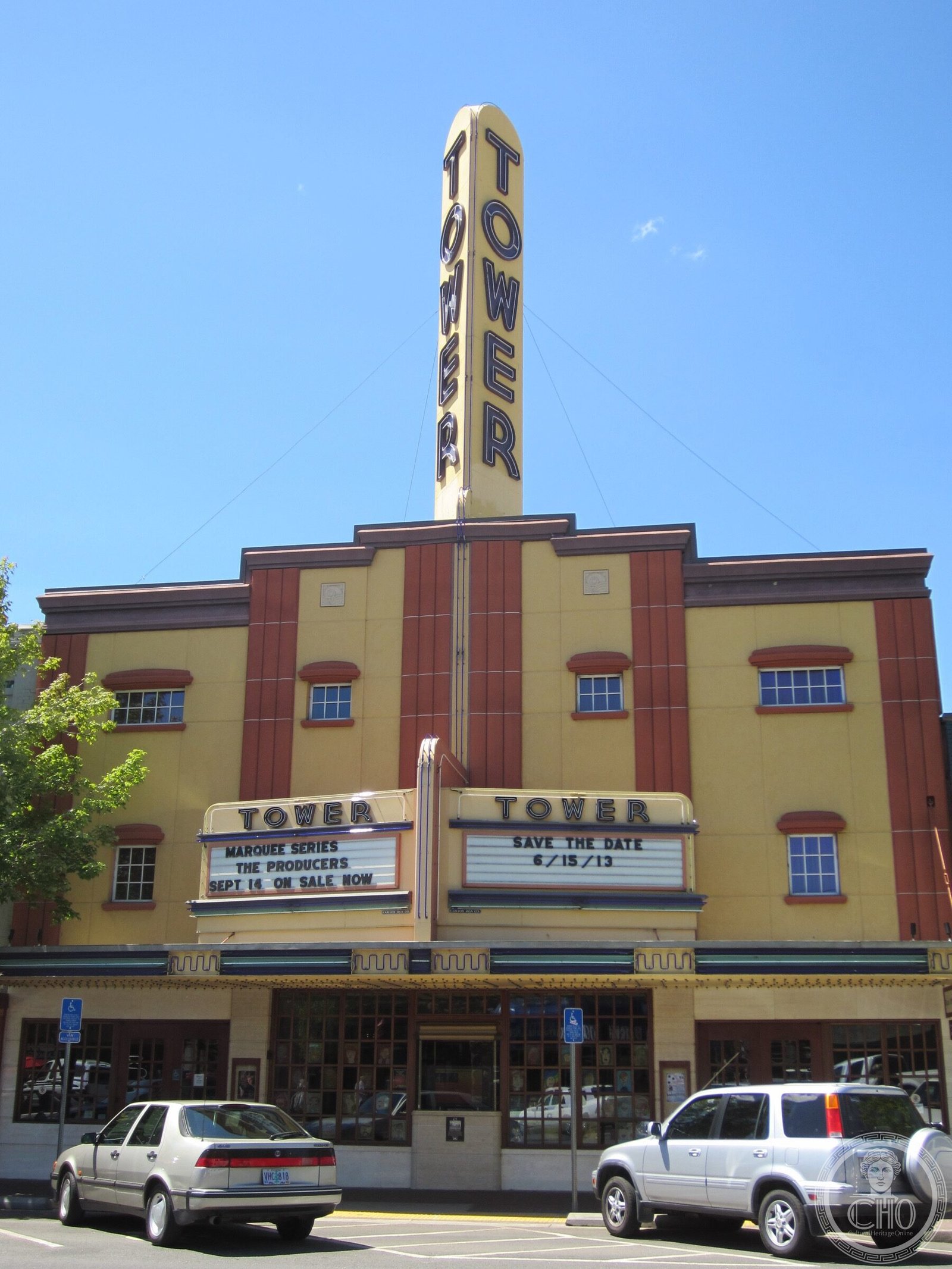 Tower Theatre vertical marquee on Northwest Wall Street, Bend, Oregon, 1940 Streamline Moderne