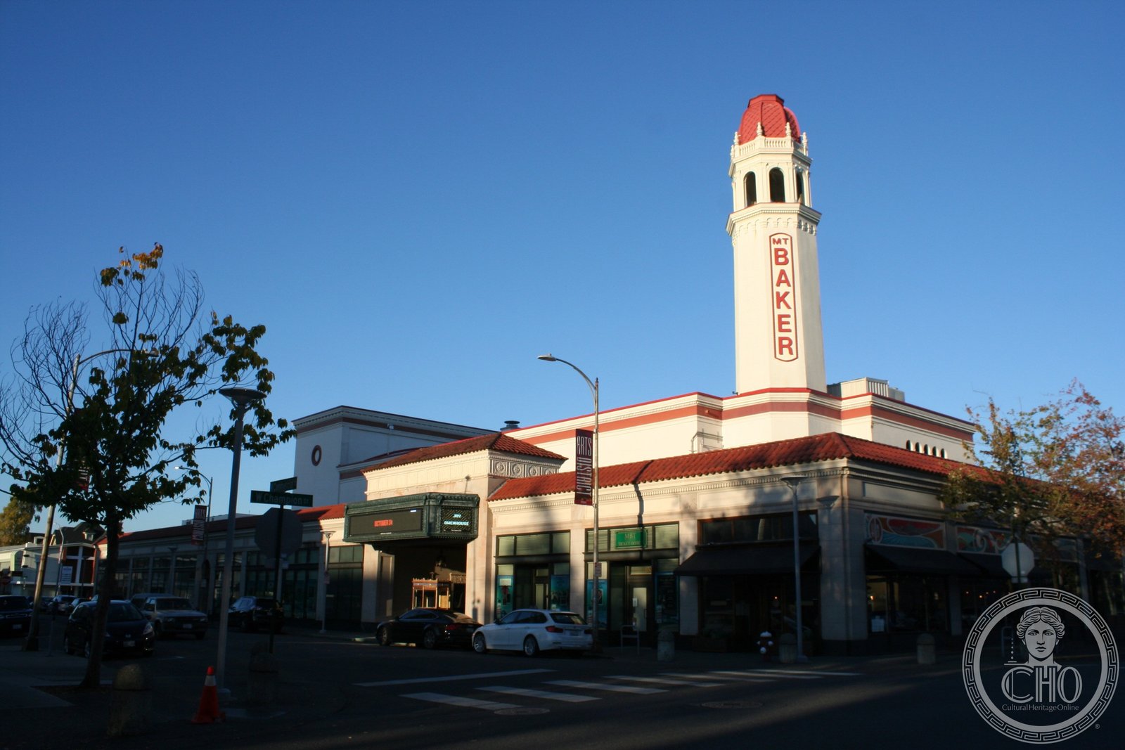 Mount Baker Theatre brick exterior with vertical marquee on North Commercial Street in downtown Bellingham, Washington