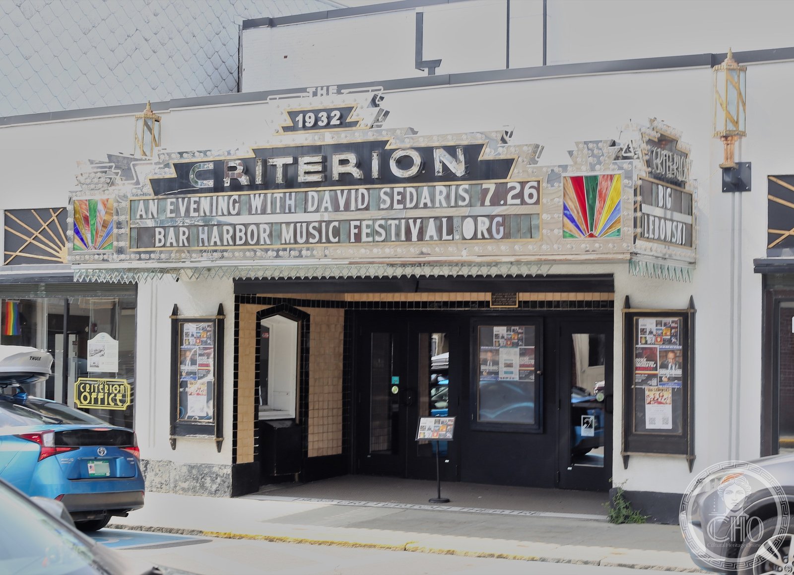 Criterion Theatre Art Deco facade on Cottage Street in downtown Bar Harbor, Maine