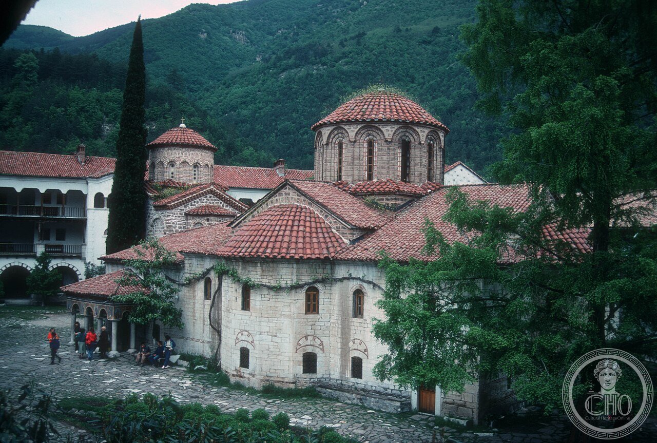 Exterior view of the cathedral at Bachkovo Monastery, Bulgaria, founded 1083 by the Georgian Byzantine general Gregory Pakourianos, the country's second-oldest and second-largest monastery