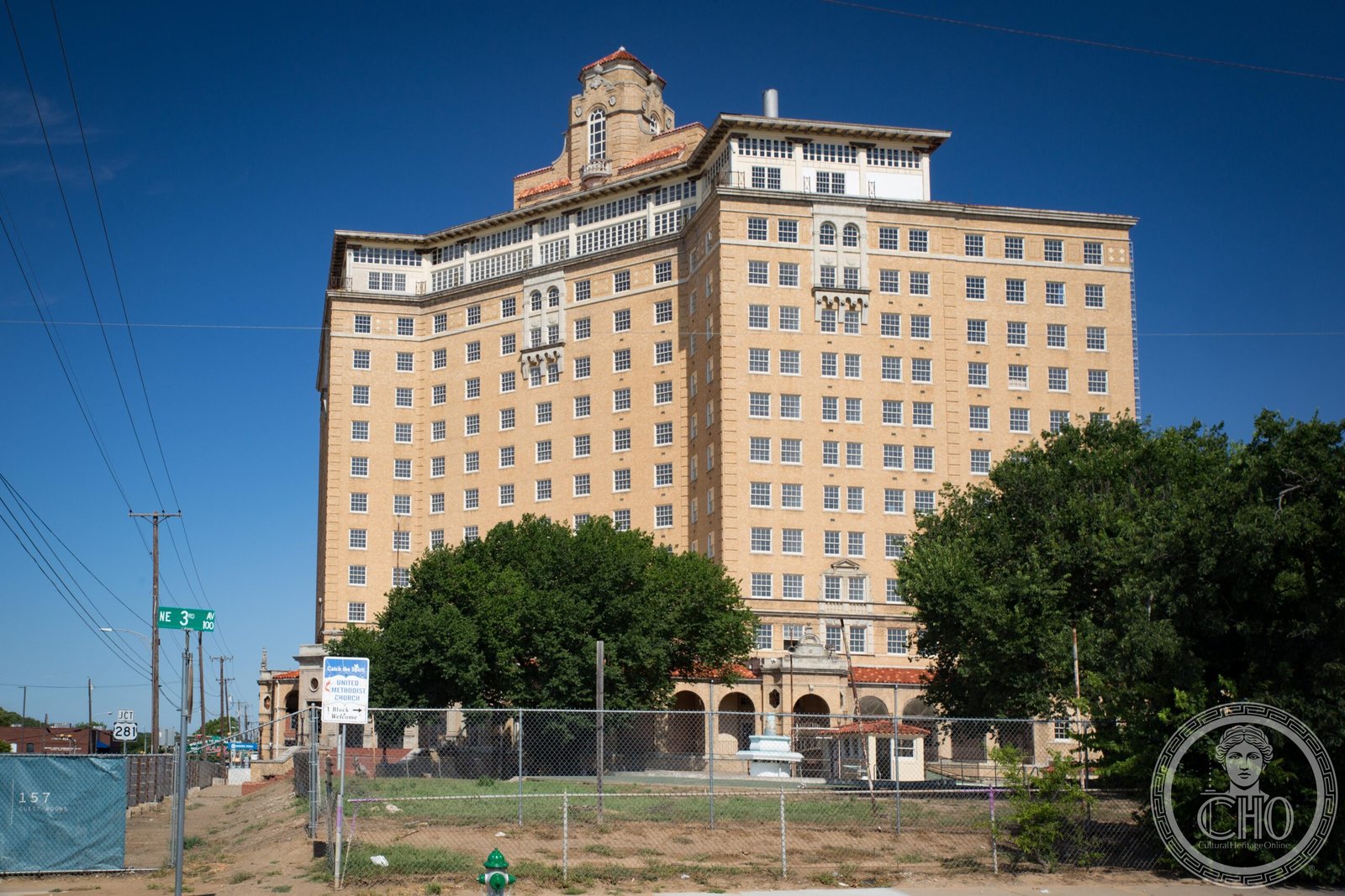 Baker Hotel in Mineral Wells Texas, fourteen-story Art Deco facade above downtown