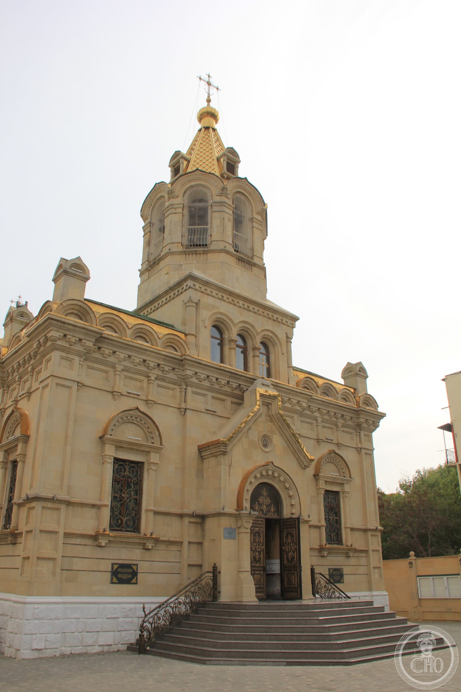 Holy Myrrhbearers Cathedral in Baku, Azerbaijan, a sandstone Russian Orthodox church built 1908-1909 as a regimental chapel