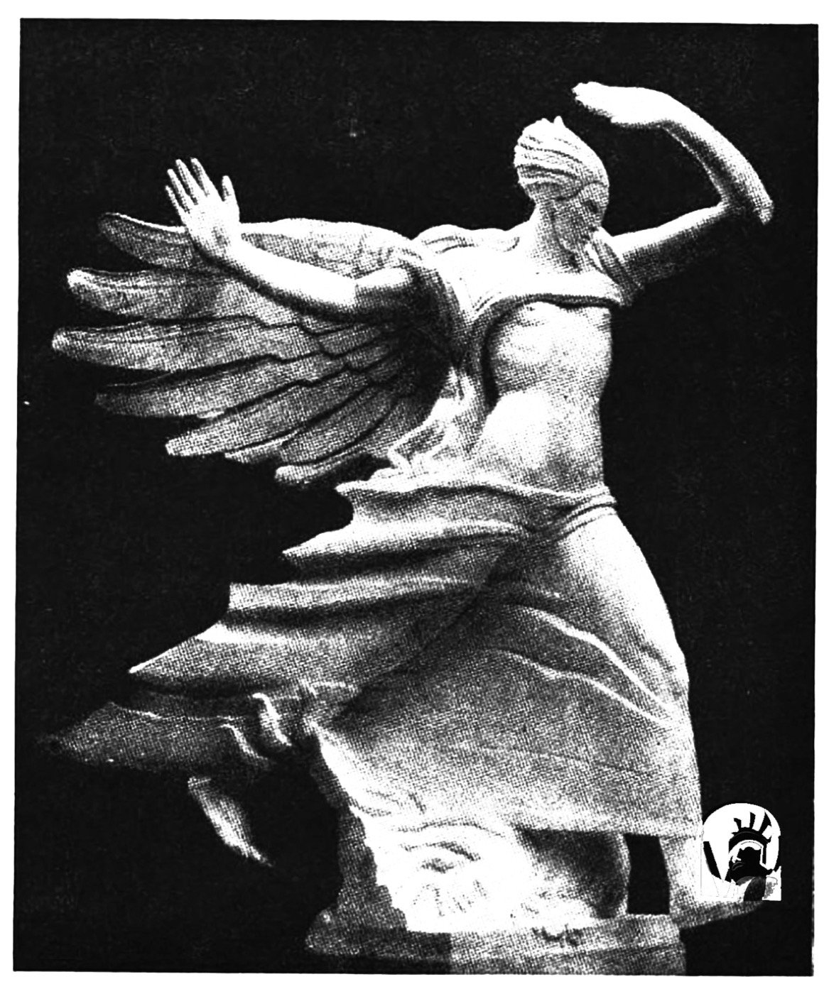 Period photograph of a winged female figure, the Victory by sculptor Eugenio Baroni