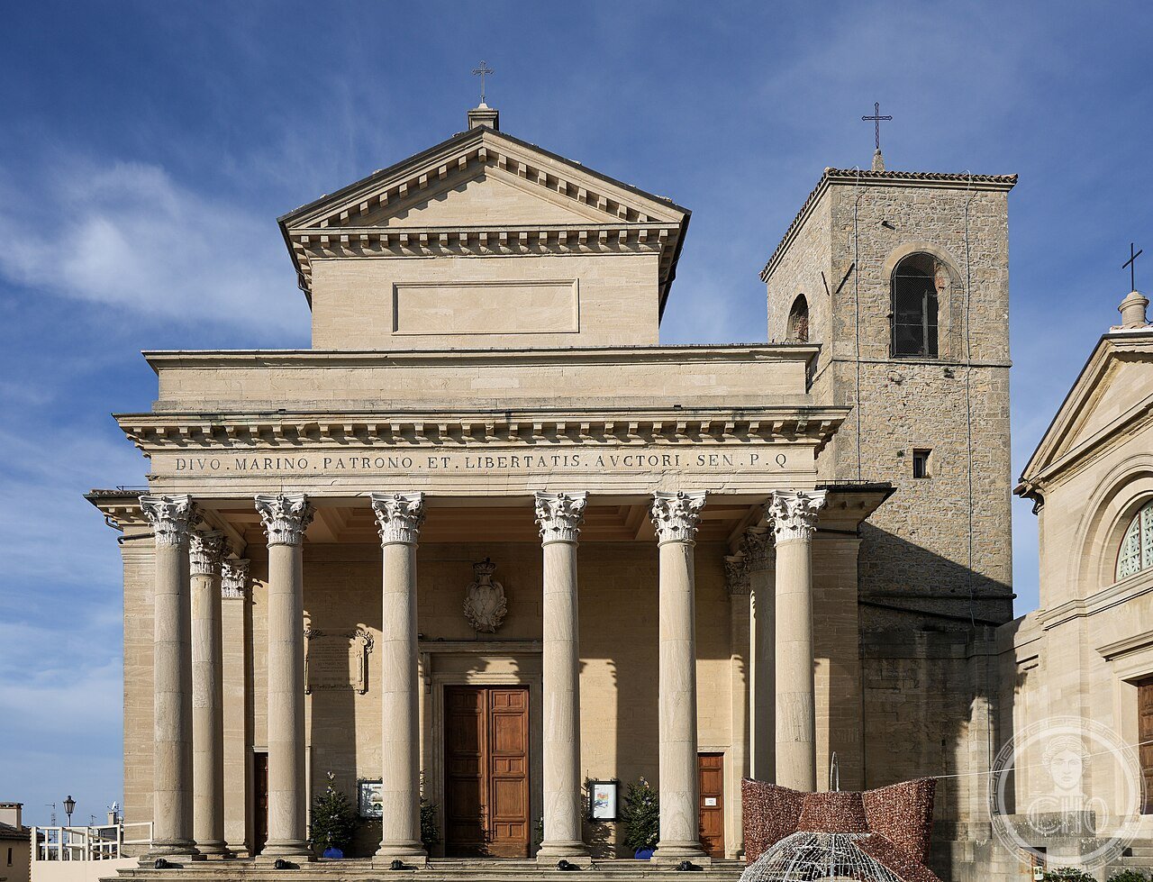Neoclassical facade of the Basilica di San Marino, built 1826-1838, holding the relics of Saint Marinus, the hermit stonecutter traditionally credited with founding the world's oldest surviving republic in 301 AD