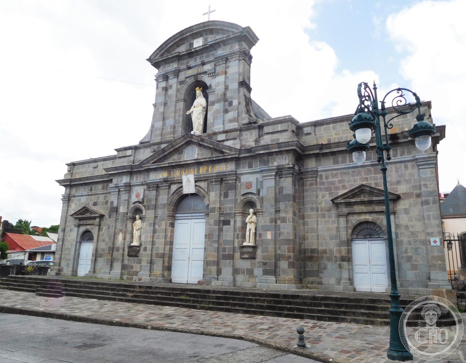 Cathédrale Notre-Dame-de-Guadeloupe in Basse-Terre, with its bell tower deliberately built as a separate structure to reduce earthquake risk, classified a French historic monument in 1975