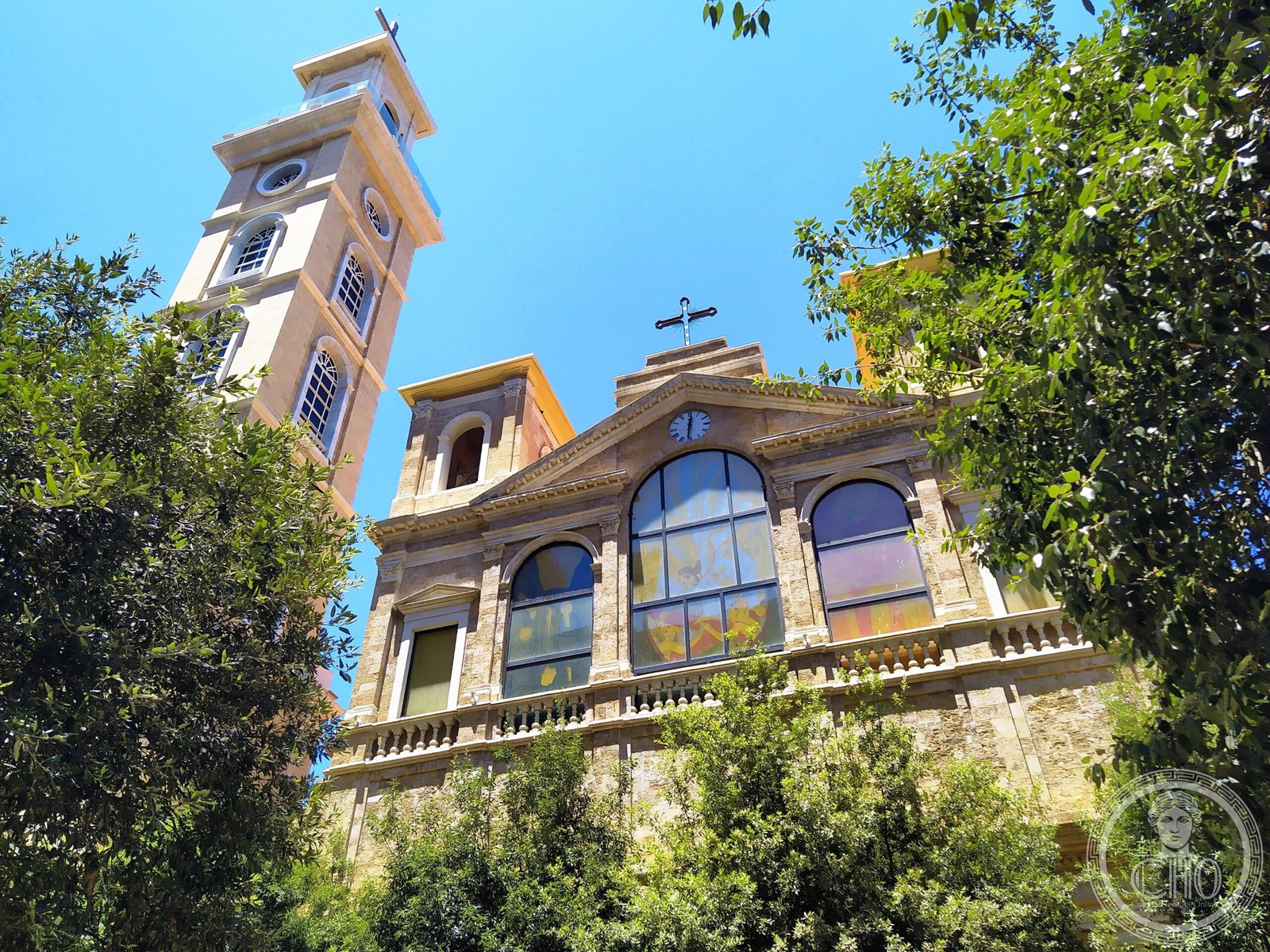 Maronite Catholic Cathedral of Saint George in Nejmeh Square, Beirut, Lebanon, a neoclassical facade with bell tower and clock