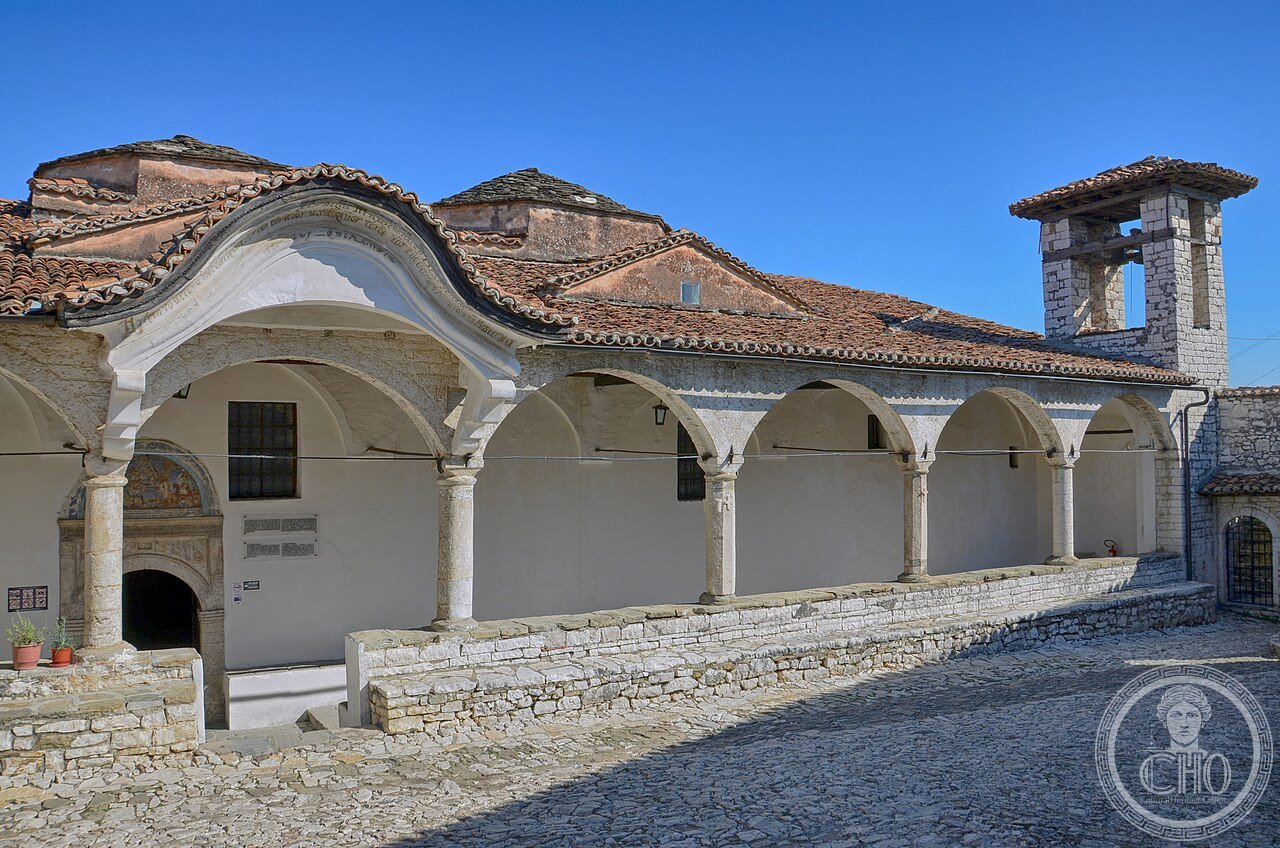 Exterior of the Church of the Dormition of Saint Mary inside Berat Castle, Albania, built 1797 on a 10th-century chapel and now home to the Onufri Iconographic Museum, named for the 16th-century painter behind the unreproducible 'Onufri red'