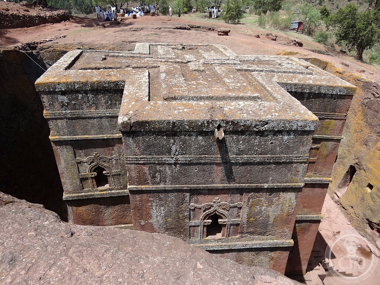 Bete Giyorgis, the Church of Saint George in Lalibela, Ethiopia, carved downward into a single block of volcanic rock in the shape of a Greek cross, the last and most famous of the eleven monolithic rock-hewn churches of Lalibela