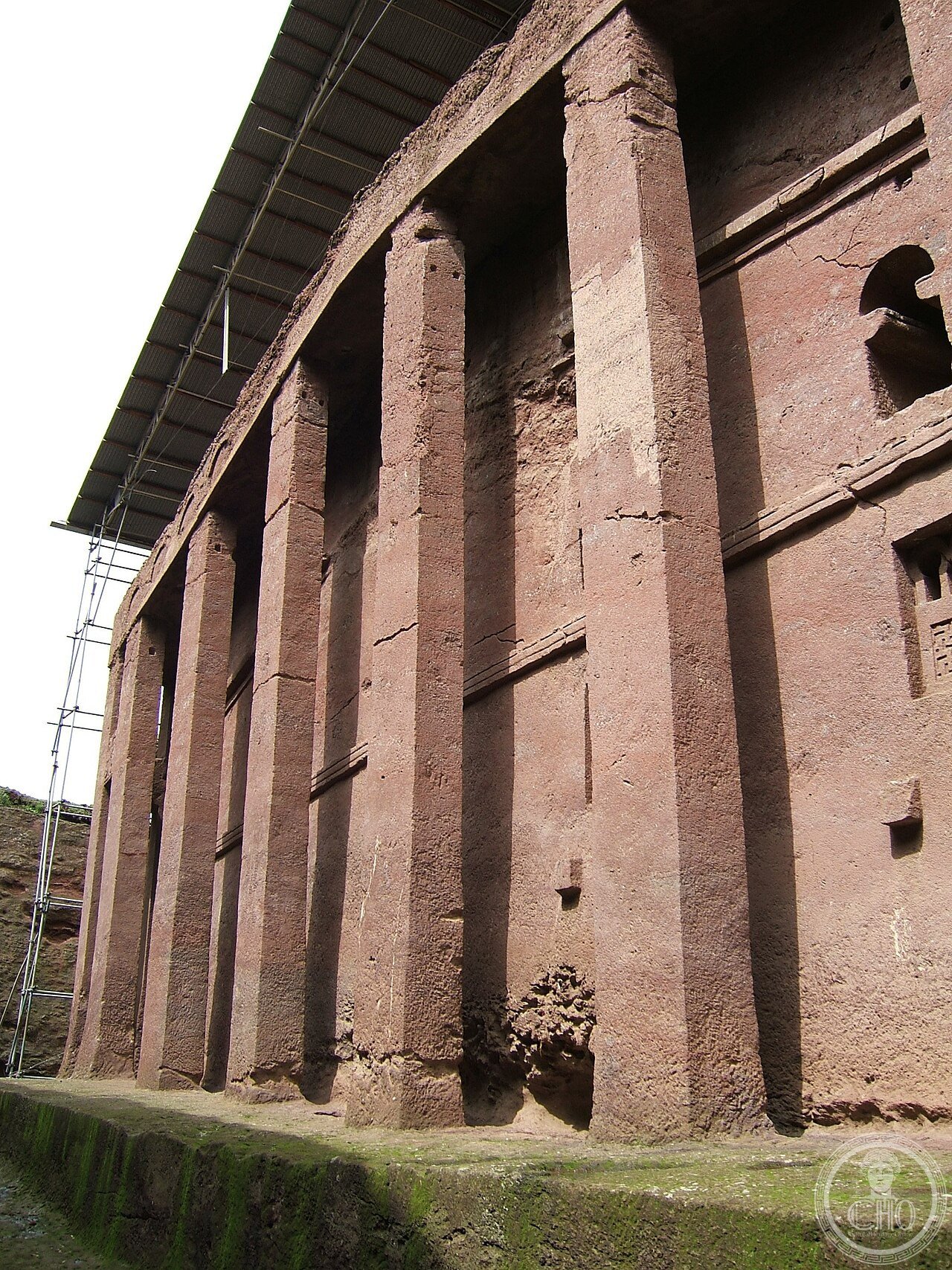Bete Medhane Alem, the Church of the Saviour of the World in Lalibela, Ethiopia, believed to be the largest monolithic rock-hewn church in the world, surrounded by 34 rectangular pillars