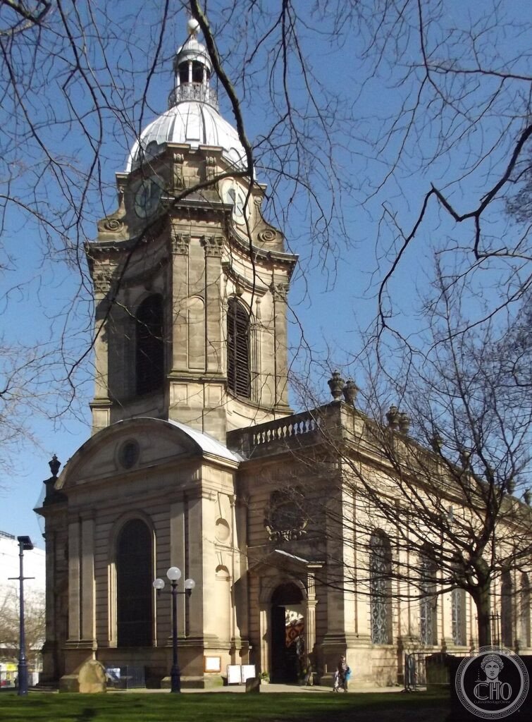 West front of St Philip's Cathedral, a Baroque church with a domed tower, in Birmingham