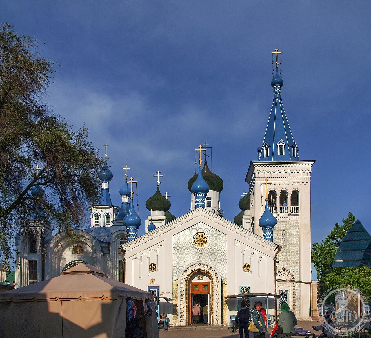 Holy Resurrection Cathedral in Bishkek, Kyrgyzstan, converted 1944-1947 from an unfinished Soviet building into a Russian Orthodox church, one of the few in the city to survive Khrushchev-era church closures