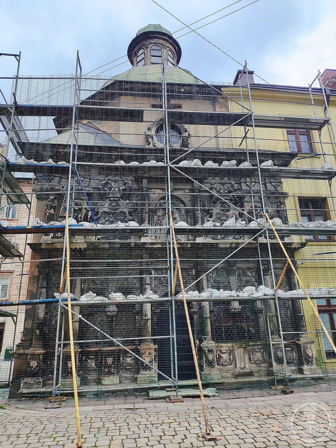 The Boim Chapel in Lviv, Ukraine, a small Renaissance and Mannerist funerary chapel built 1609-1615 for the Boim merchant family, its facade densely covered in relief sculpture