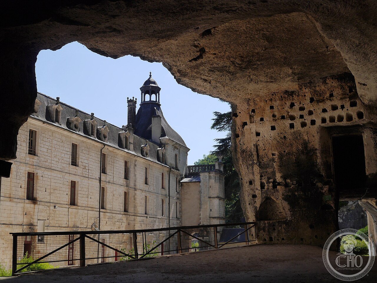 Brantôme Abbey, Dordogne, France, founded by monks in troglodyte cave shelters from the 5th century, said to have been endowed by Charlemagne in 769, with the oldest bell tower in France built on a 12-metre rocky overhang