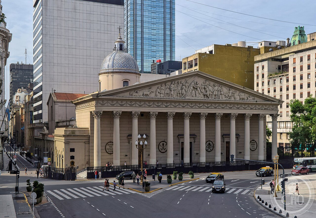 Metropolitan Cathedral of Buenos Aires, its Neoclassical facade resembling a Greek temple rather than a typical church, holding the tomb of Argentine liberator José de San Martín and the seat where Pope Francis served as archbishop for 15 years