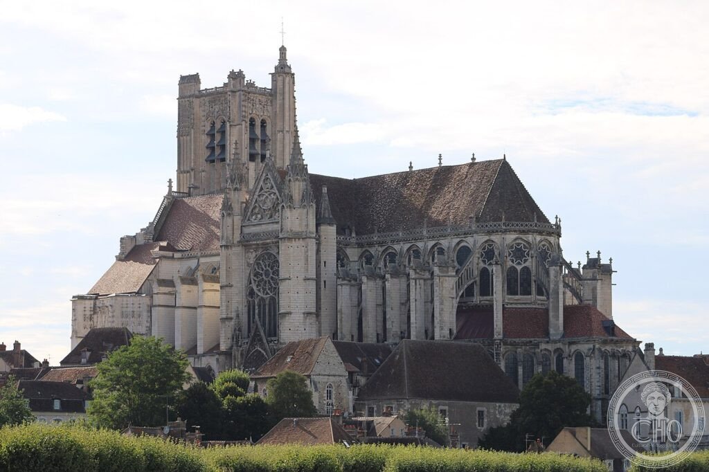 Exterior of Auxerre Cathedral (Cathédrale Saint-Étienne), Burgundy, France, whose Romanesque crypt preserves a unique fresco of Christ mounted on a white horse, painted around 1100