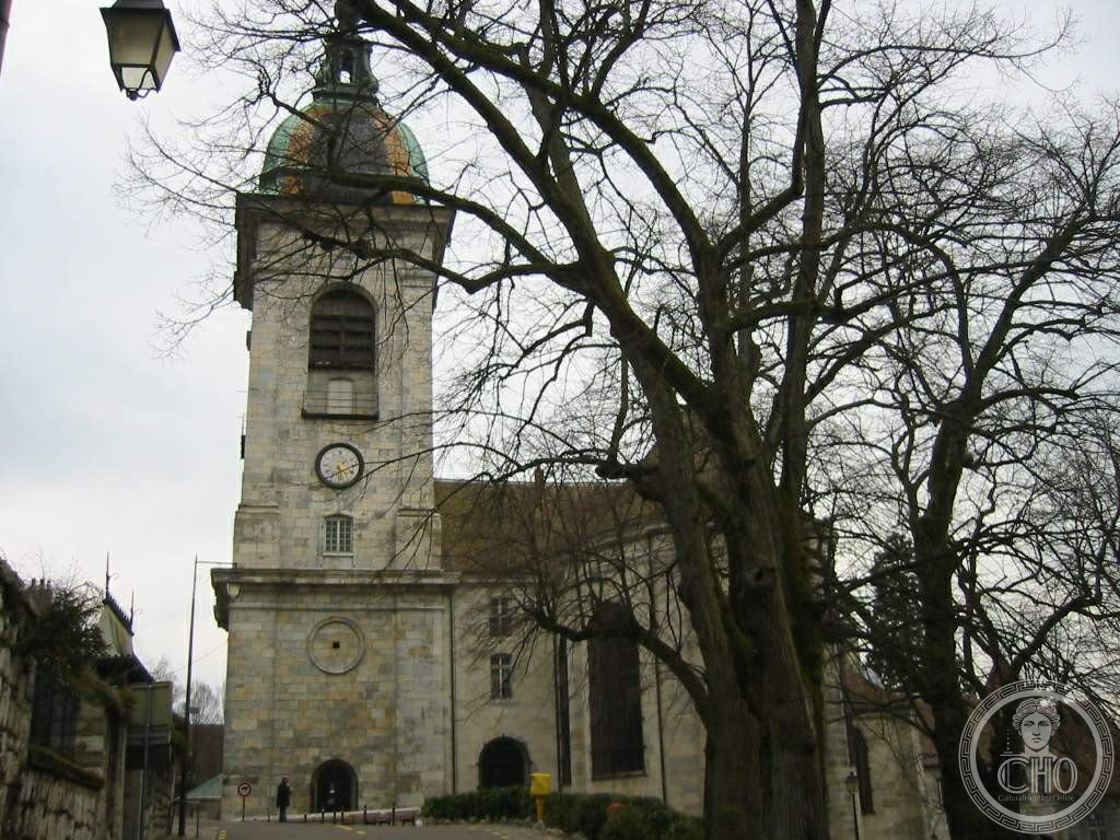 Exterior of Besançon Cathedral (Cathédrale Saint-Jean), Franche-Comté, France, a rare double-apse cathedral holding a 30,000-piece astronomical clock built 1858-1860