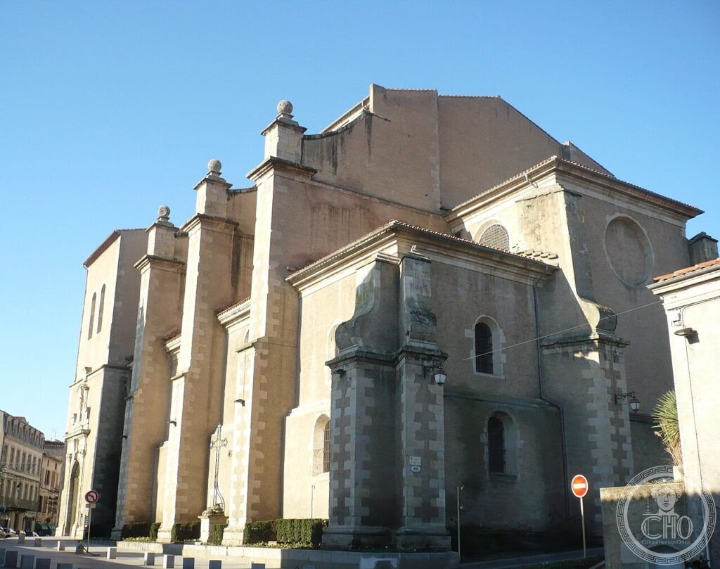 Exterior of Castres Cathedral (Cathédrale Saint-Benoît), Occitanie, France, originating from a Benedictine priory founded 812 and rebuilt from the 16th century as what was meant to be the largest cathedral in France, never completed