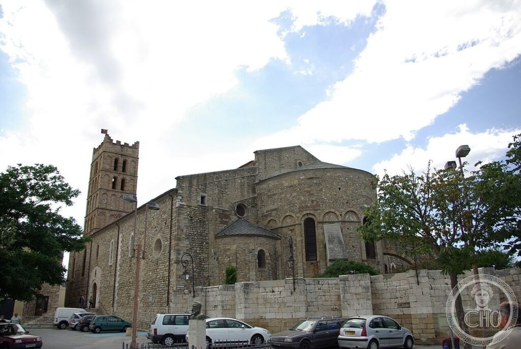 Cathédrale Sainte-Eulalie-et-Sainte-Julie d'Elne, Roussillon, France, Visigothic episcopal seat since 571, its fire-scarred portal a witness to the 1285 attack by King Philip III of France