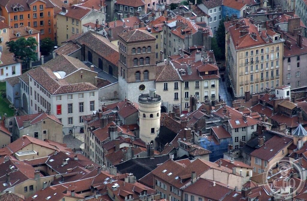 Exterior of Grenoble Cathedral (Cathédrale Notre-Dame), Dauphiné, France, built from the 10th century on a Roman site, holding a 14-metre Flamboyant Gothic stone ciborium of 1455