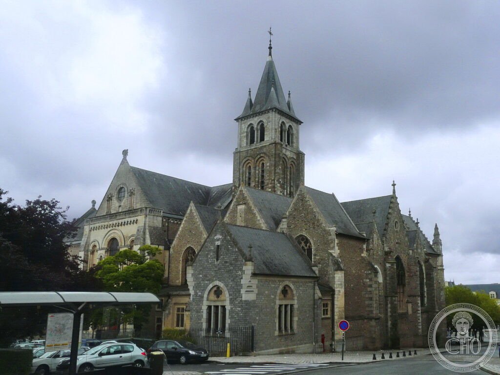 Exterior of Laval Cathedral (Cathédrale de la Sainte-Trinité), Pays de la Loire, France, begun as a monastic chapel around 1070 and only elevated to cathedral status in 1855
