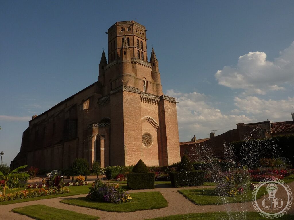 Exterior of Lavaur Cathedral (Cathédrale Saint-Alain), Occitanie, France, destroyed in the 1211 Albigensian Crusade massacre by Simon de Montfort and rebuilt from 1255, with an organ case by Renaissance sculptor Nicolas Bachelier