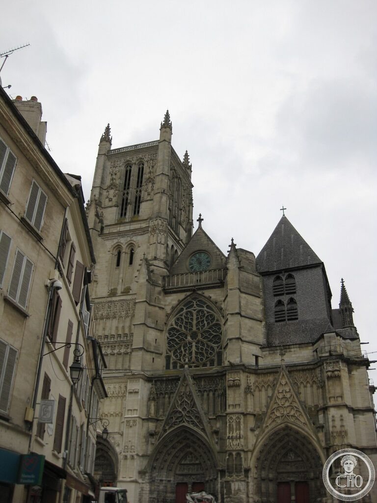 West facade of Meaux Cathedral (Cathédrale Saint-Étienne), Île-de-France, France, built across three and a half centuries from c.1175 to 1540, tomb of Bishop Bossuet