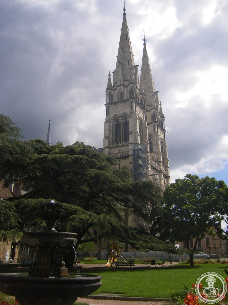 Exterior of Moulins Cathedral (Cathédrale Notre-Dame-de-l'Annonciation), Bourbonnais, France, which houses the Triptych of the Master of Moulins, painted 1498 by Jean Hey