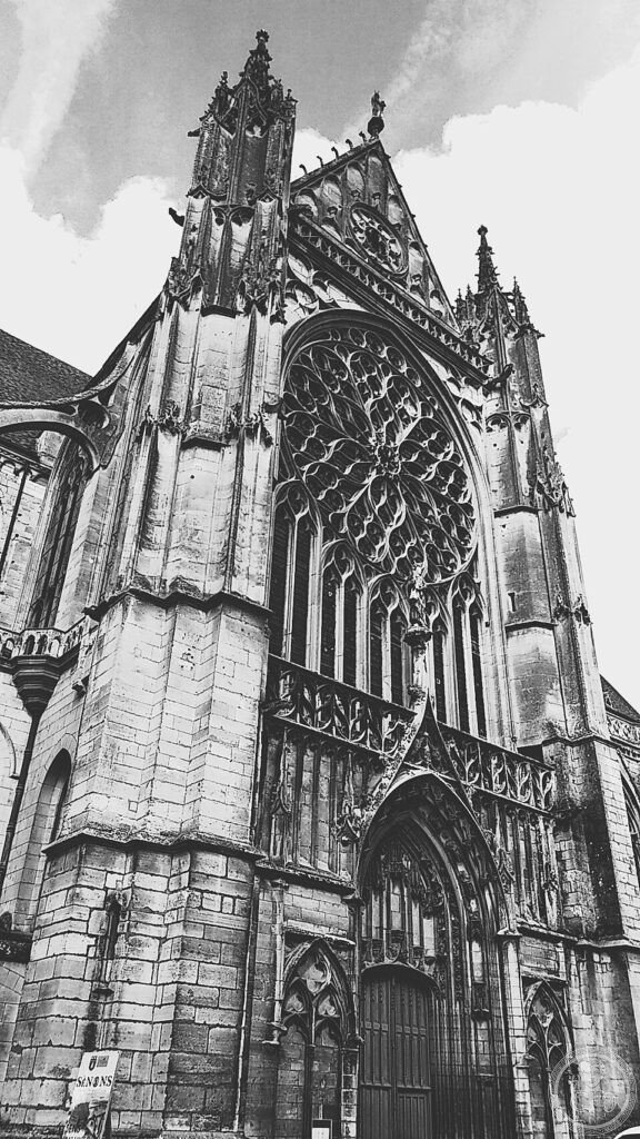 West facade of Sens Cathedral (Cathédrale Saint-Étienne), France, the first fully Gothic cathedral in Christendom, begun around 1130