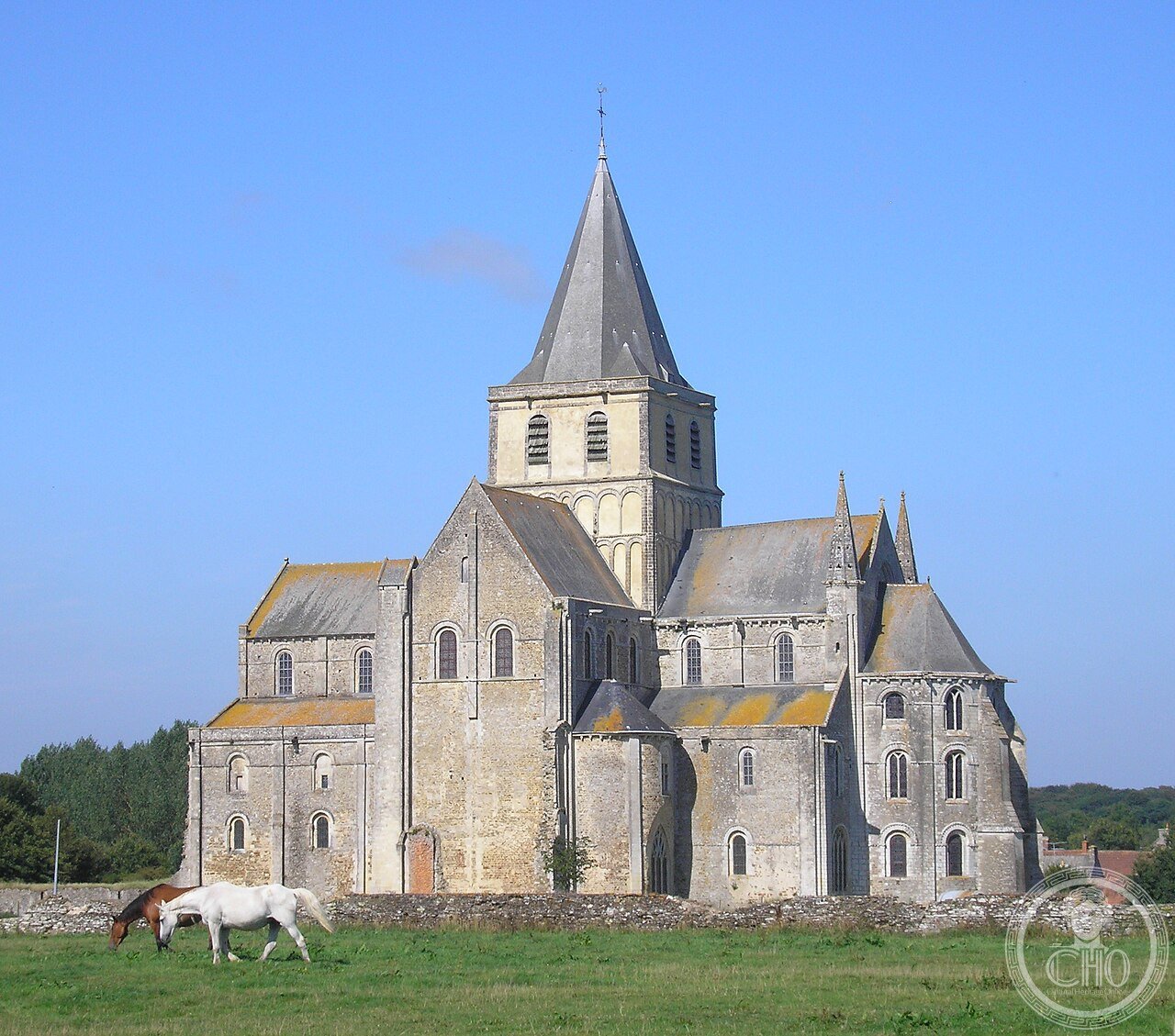 Saint-Vigor Abbey, Cerisy-la-Forêt, Normandy, France, founded 1032 by Duke Robert the Magnificent on the site of a 6th-century monastery destroyed by Vikings, its unique three-storey apse pierced by 15 windows