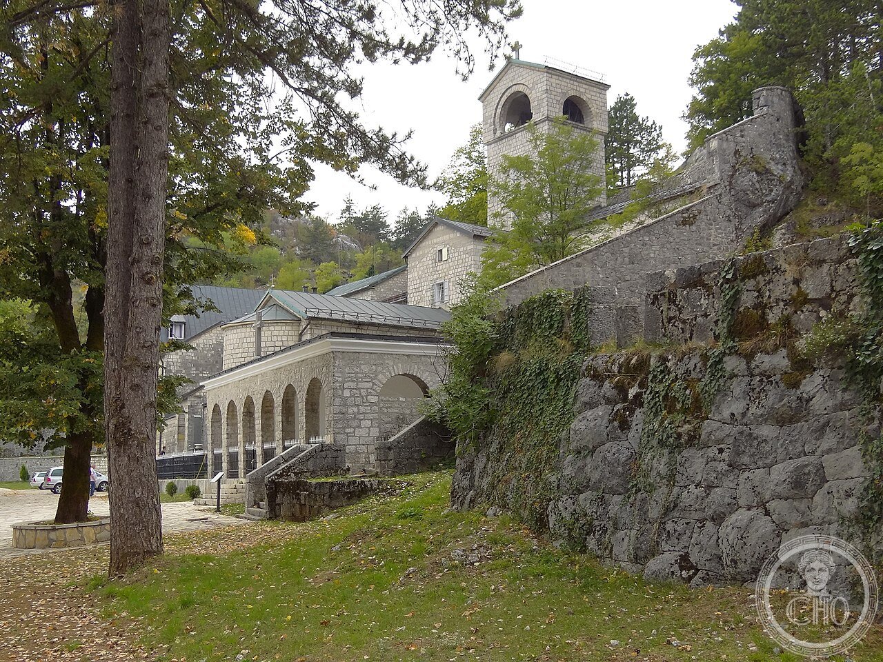 Facade of Cetinje Monastery in Montenegro, founded 1484 by Prince Ivan Crnojević after a vow made at Loreto, and today the seat of the Metropolitanate of Montenegro, holding a relic believed to be the right hand of John the Baptist