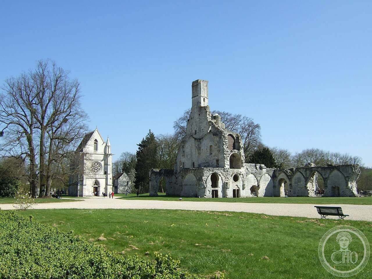 Remains of Chaalis Abbey, France, founded 1137 by Louis VI in memory of his assassinated cousin Charles the Good, now home to the Musée Jacquemart-André's 6,000-piece art collection and a celebrated rose garden