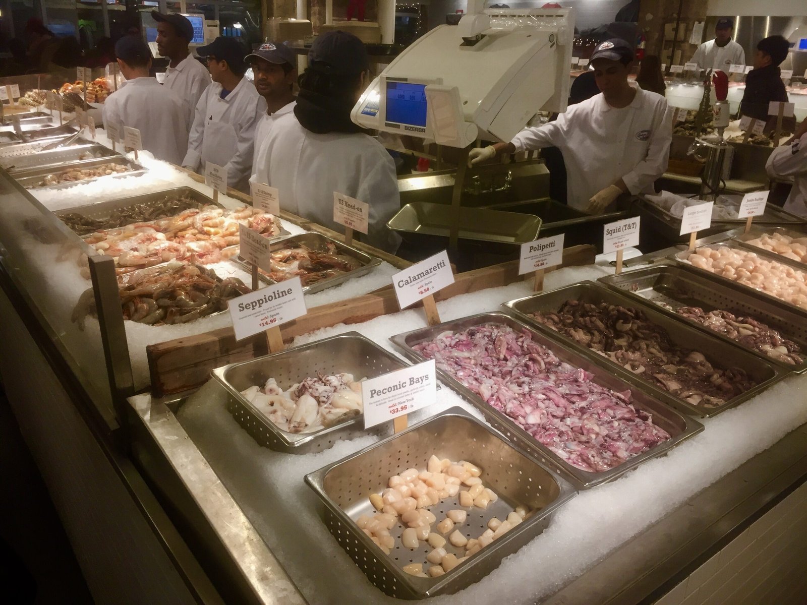 A seafood counter in the market.
