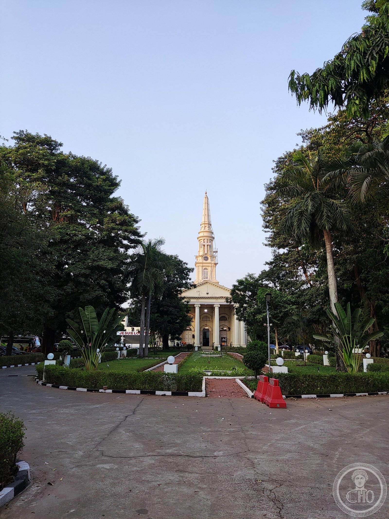 St. George's Cathedral in Chennai, India, a white neoclassical facade with an Ionic-columned portico and a tall multi-tier spire