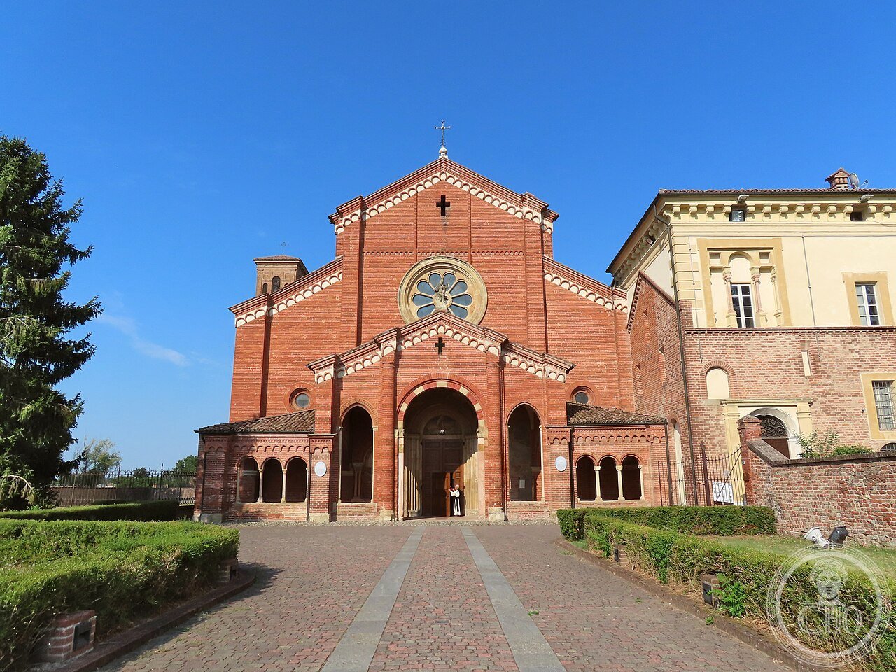 Facade of the basilica at Chiaravalle della Colomba Abbey, Alseno, Italy, founded 1136 by Bernard of Clairvaux, its name traditionally linked to a legend of a guiding dove