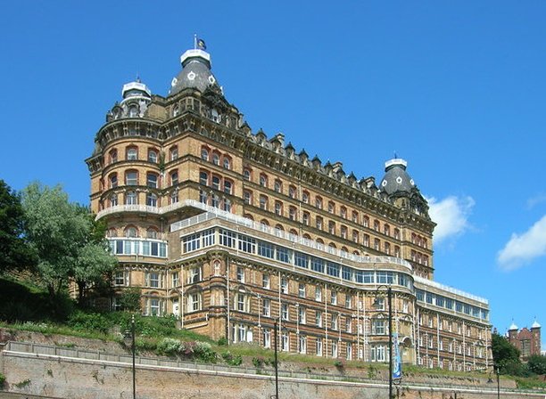 The Grand Hotel's brick-and-terracotta seafront facade and domed corner towers, Scarborough