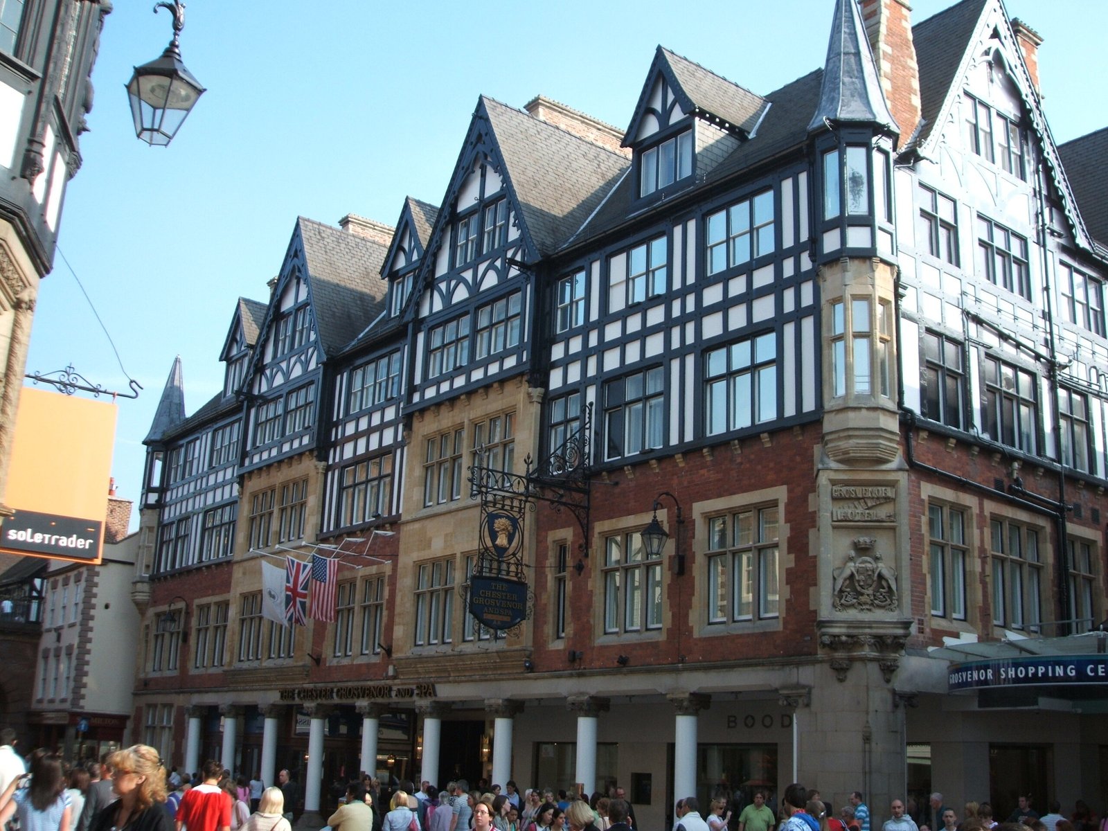 The Grosvenor Hotel's black-and-white timbered Victorian facade on Eastgate Street, Chester
