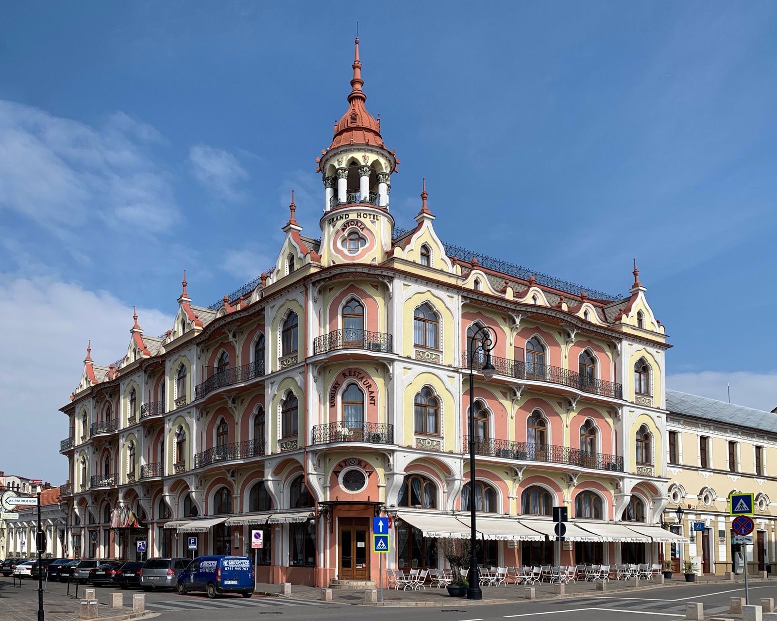 The corner facade of the Sztarill Palace, now the Astoria Grand Hotel, in central Oradea