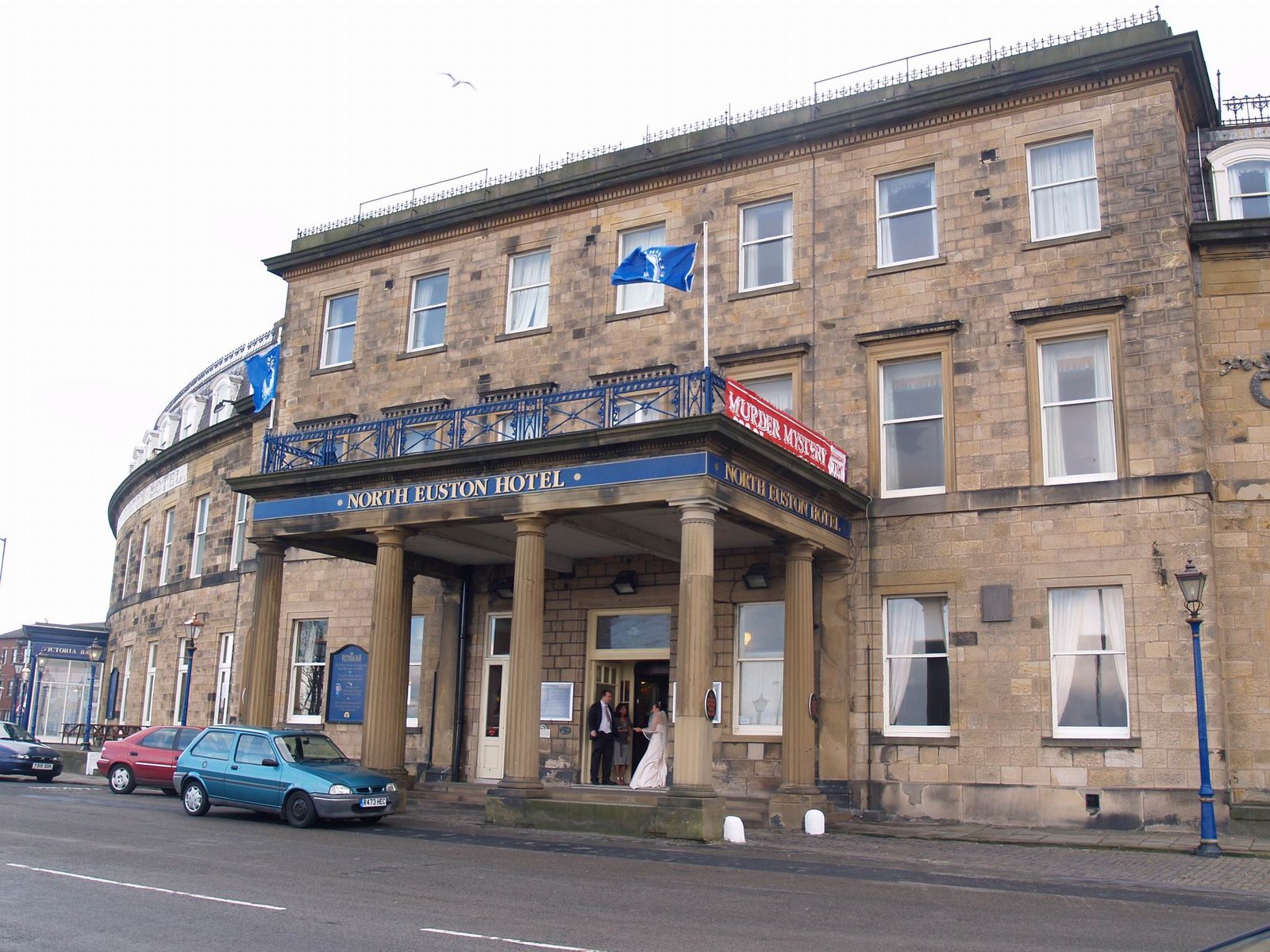 The curved ashlar stone crescent of the North Euston Hotel facing the sea at Fleetwood