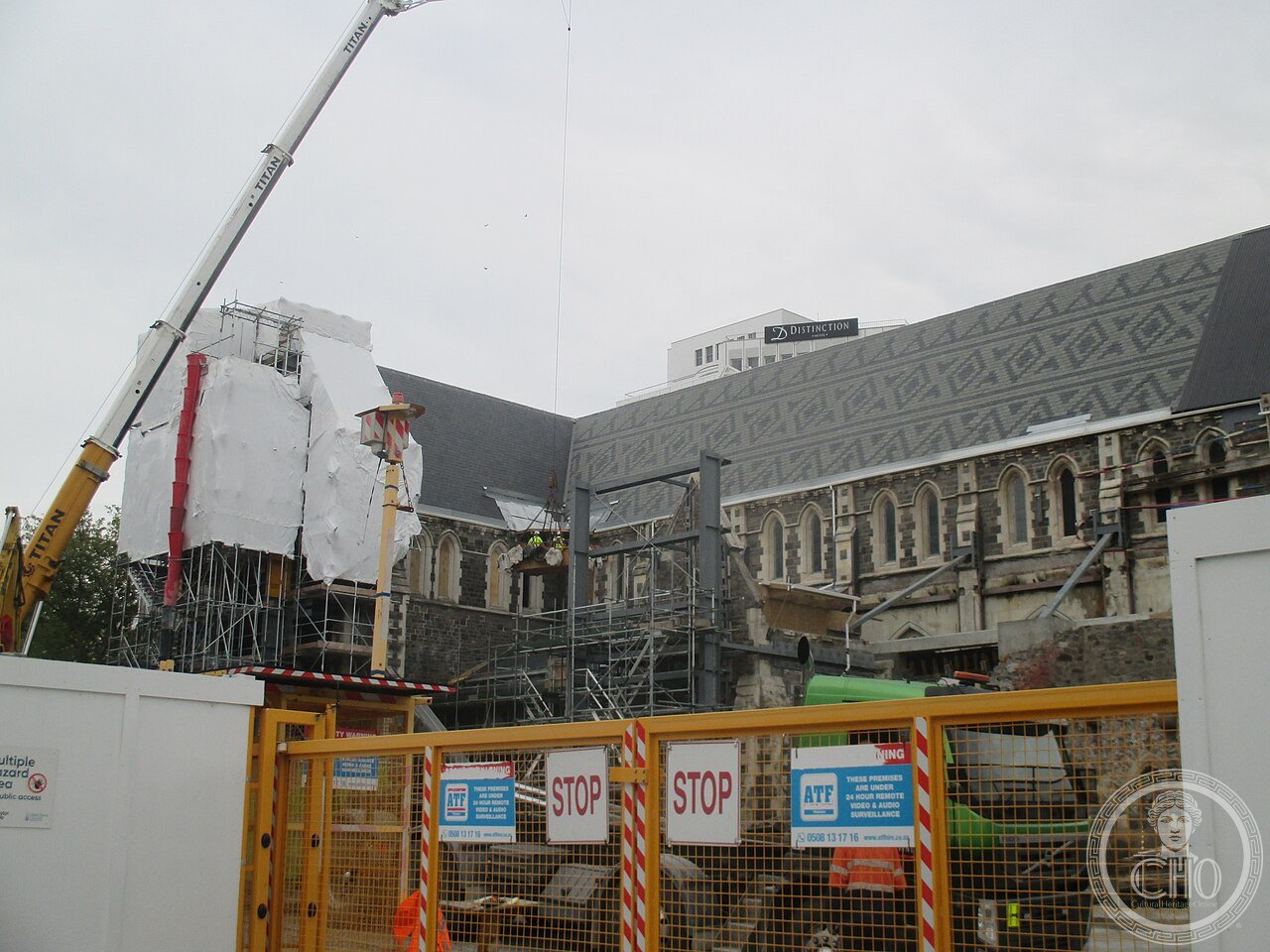 ChristChurch Cathedral in Christchurch, New Zealand, seen mid-restoration in 2021 after the 2011 earthquake destroyed its spire and caused severe structural damage