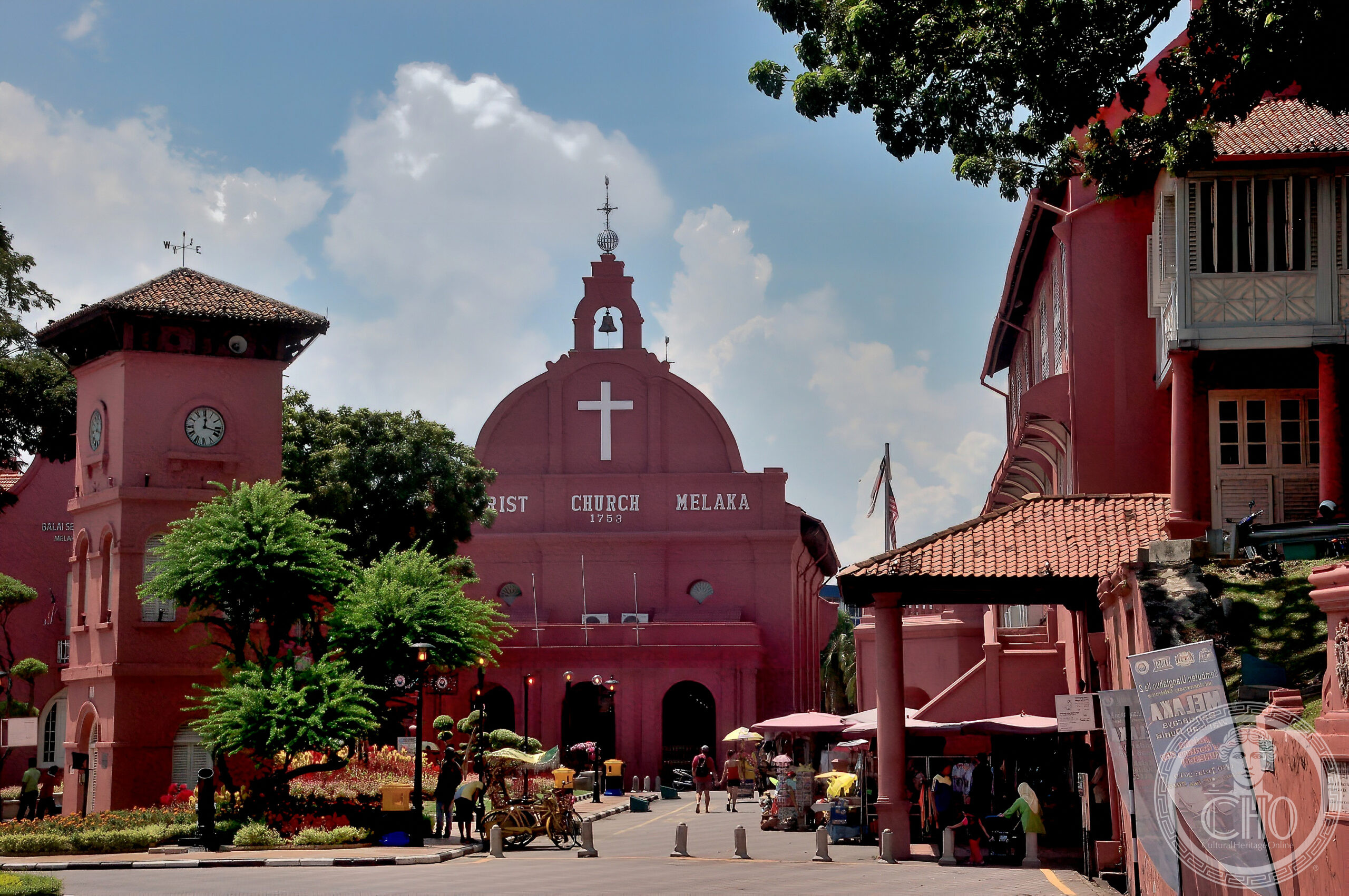 Christ Church Melaka, Malaysia, a red-painted Dutch church facade with white lettering and cross on Dutch Square