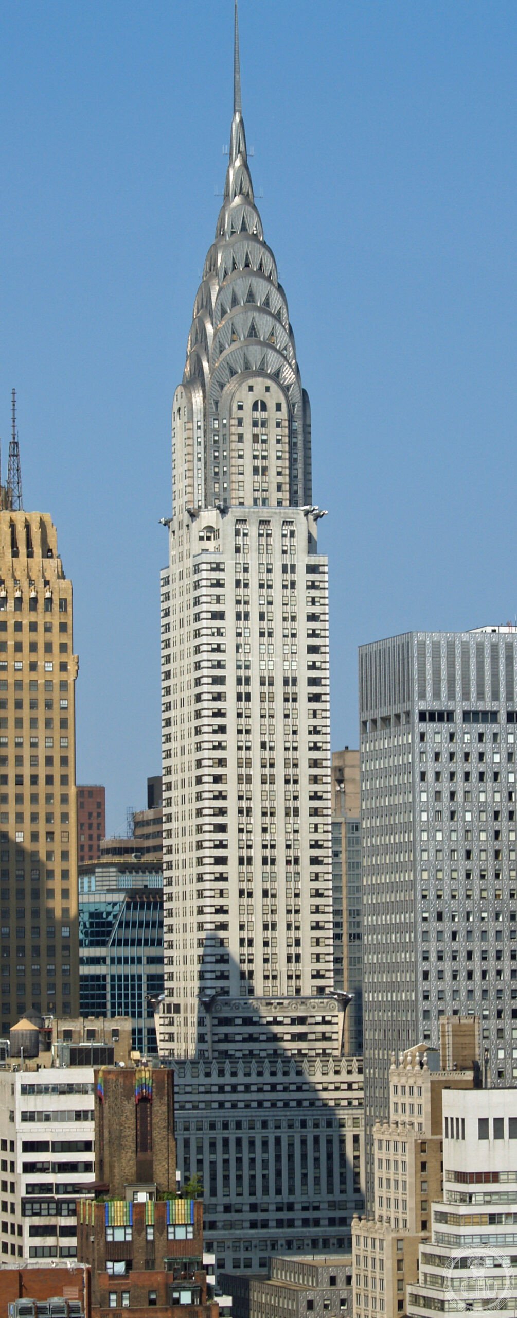 Chrysler Building stainless steel crown and eagle gargoyles rising above Midtown Manhattan, New York City, 1930, Art Deco, William Van Alen architect