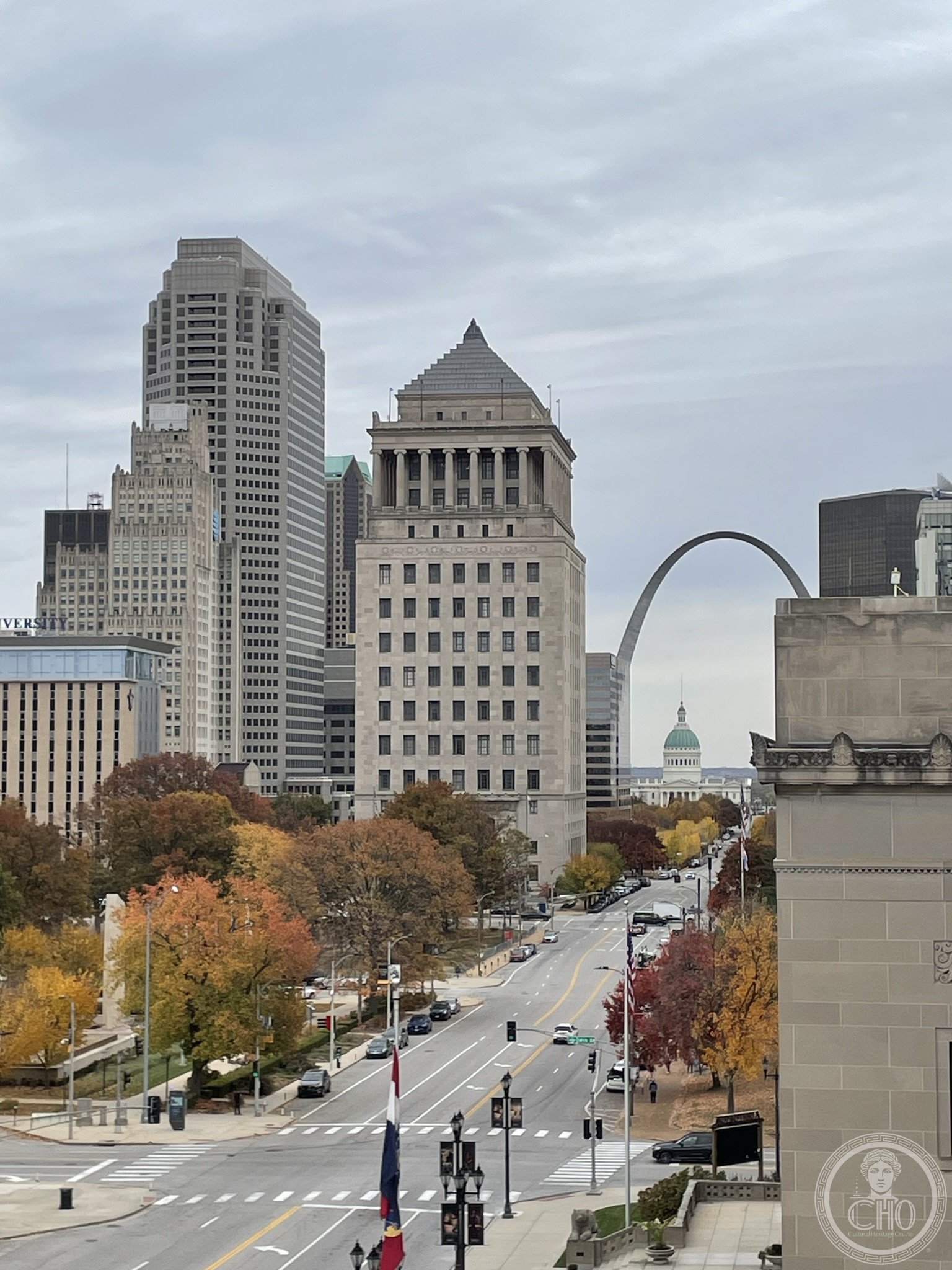 Civil Courts Building St. Louis stepped pyramid crown rising above downtown