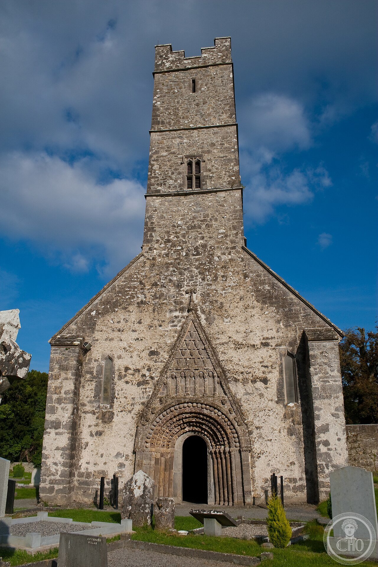 Clonfert Cathedral in County Galway, Ireland, founded in 563 by Saint Brendan the Navigator, whose grave lies outside the west door beneath what is considered the finest Romanesque doorway in the country