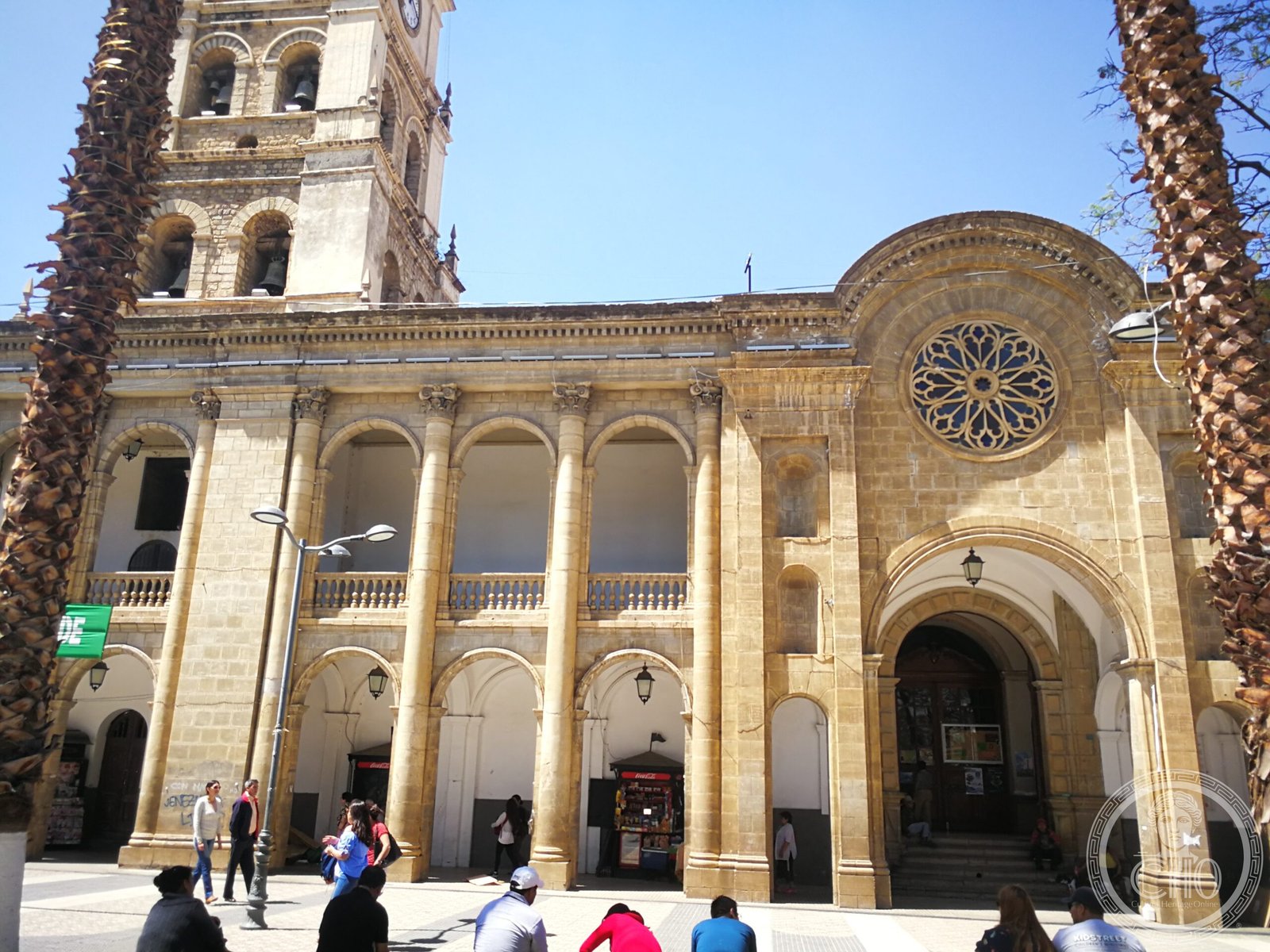 Metropolitan Cathedral of San Sebastián in Cochabamba, Bolivia, a colonial facade with a bell tower and rose window on Plaza 14 de Septiembre
