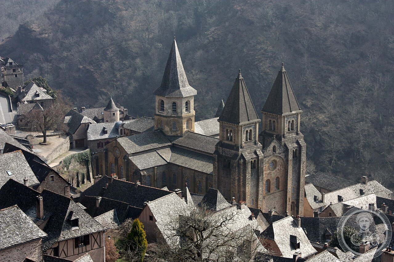 Abbey Church of Sainte-Foy, Conques, France, founded 8th century, whose treasury holds the golden reliquary statue of Sainte Foy dating from the 9th-10th centuries, one of the five greatest medieval goldsmith works in Europe