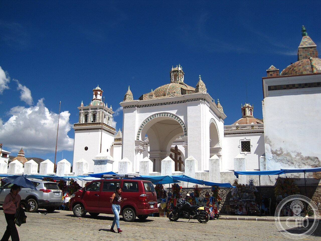 The Basilica of Our Lady of Copacabana on the shore of Lake Titicaca, Bolivia, home to the venerated statue of the Virgen Morena carved by Indigenous Andean sculptor Francisco Tito Yupanqui in 1582, and the shrine that gave Rio de Janeiro's Copacabana Beach its name