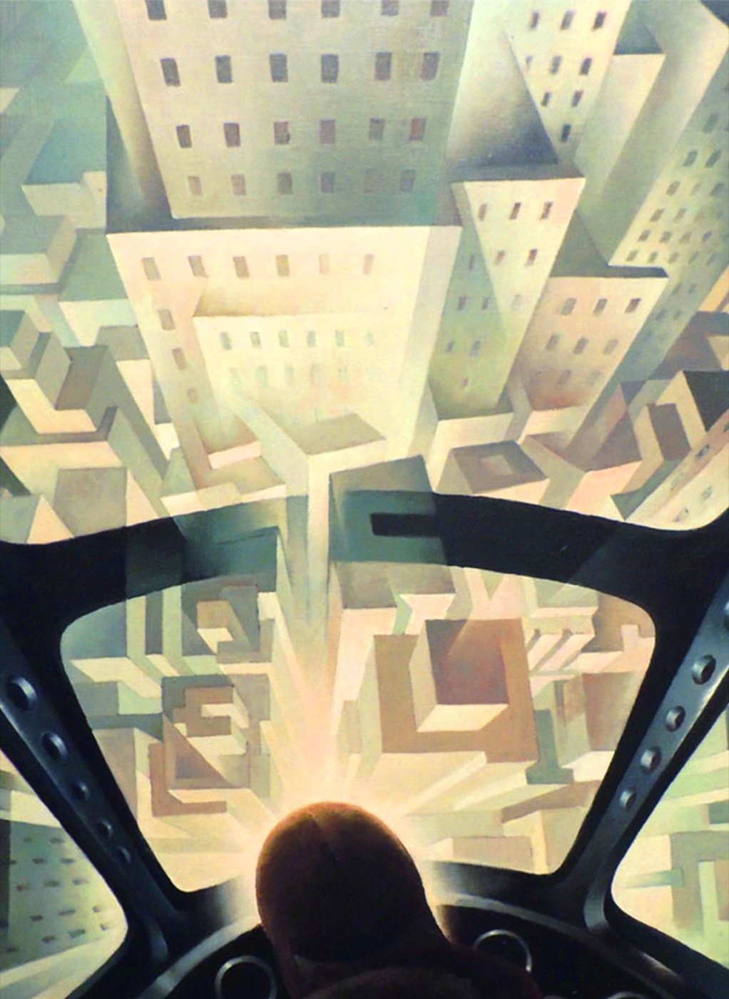 Futurist aeropainting: a city seen from above through the cockpit of an aircraft in a nosedive
