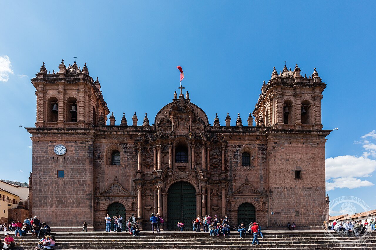 Cusco Cathedral on the Plaza de Armas, Peru, built from stones quarried from the Inca fortress of Sacsayhuamán on the site of the palace of Inca Wiracocha, home to the Cusco School painting of the Last Supper featuring roast guinea pig