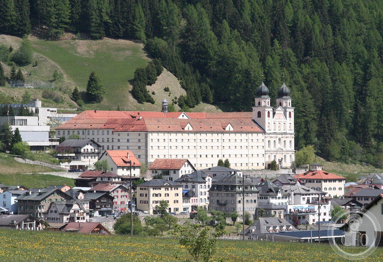 Disentis Abbey, Switzerland, a Benedictine monastery founded in the early 8th century near the source of the Rhine, visited by Charlemagne in 800, burned by Napoleon's troops in 1799 and rebuilt in Baroque style
